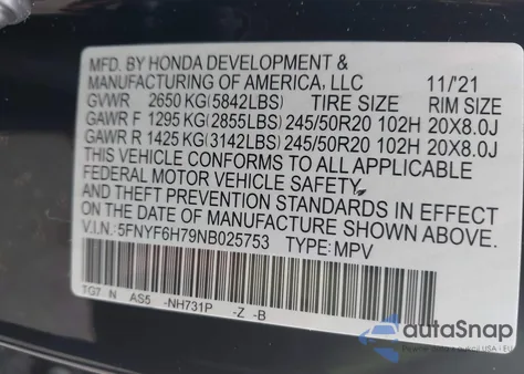 2022 Honda Pilot Awd Black Edition из США, поврежденный, VIN 5FNYF6H79NB025753